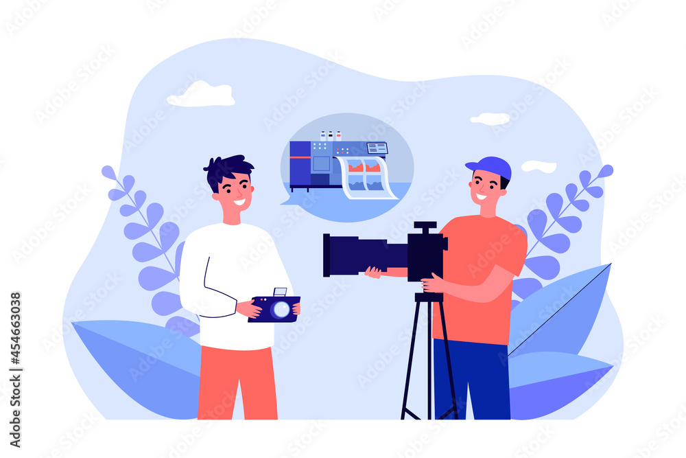 Photographers discussing high-tech image printing. Flat vector illustration. Two young men with cameras talking about photo business. Photography, hobby, printing concept for design or landing page Photographers discussing high-tech image printing. Flat vector illustration. Two young men with cameras talking about photo business. Photography, hobby, printing concept for design or landing page