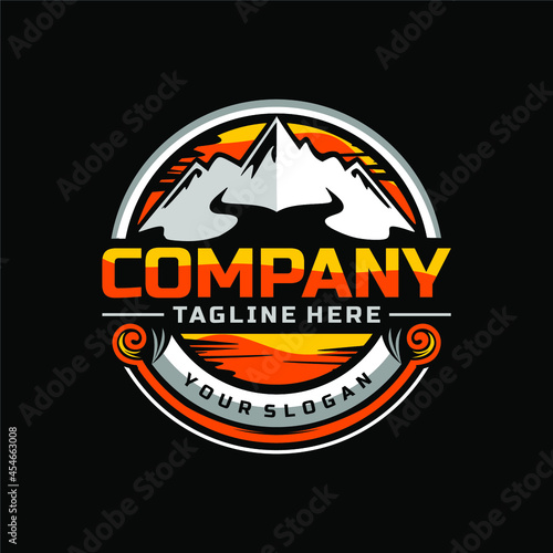 the sun behind the mountain rock with circle stamp vintage logo design vector 