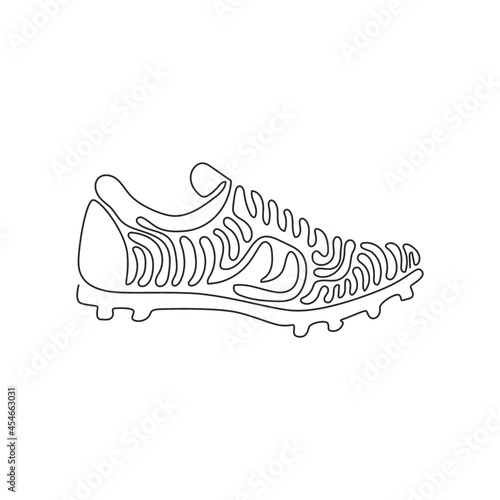 Single one line drawing Football boots. Soccer boots. Soccer shoes. Soccer football boots cleats shoes. Swirl curl style concept. Modern continuous line draw design graphic vector illustration