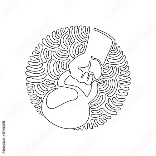 Single continuous line drawing Kettlebell weight. Hand lifted kettlebell. Rise hand with kettlebell for business, logo, tshirt, poster. Swirl curl circle background style. One line draw graphic vector