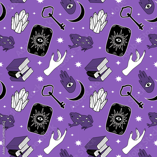 vector seamless pattern on the theme of magic, mysticism, witchcraft, halloween, esoteric. flat style pattern with magic items (tarot, potions, mushrooms, crystals) for printing on fabric, wrapping 