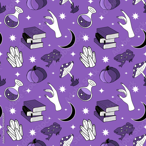 vector seamless pattern on the theme of magic, mysticism, witchcraft, halloween, esoteric. flat style pattern with magic items ( potions, mushrooms, crystals) for printing on fabric, wrapping  paper