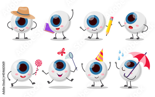 Set of cute, funny eyeball character. Cartoon vector illustration. Human organ of vision in various images, in hat, with pencil, catching butterflies, enjoying rain. Health care, eyesight concept