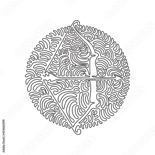 Single continuous line drawing Arrow and bow Indian archery weapon. Native longbow warrior or hunting equipment. Tribal wooden armor. Swirl curl circle background style. Dynamic one line draw graphic