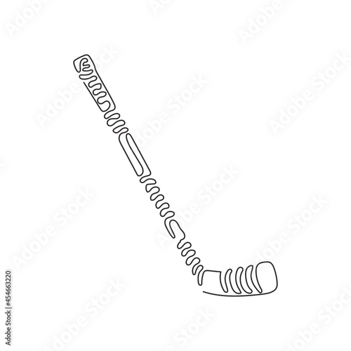 Single one line drawing ice hockey stick. Hockey puck stick, sport ice, game equipment, goal or competition, leisure activity. Swirl curl style. Continuous line draw design graphic vector illustration