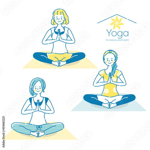 ヨガをする若い女性のイラストセット