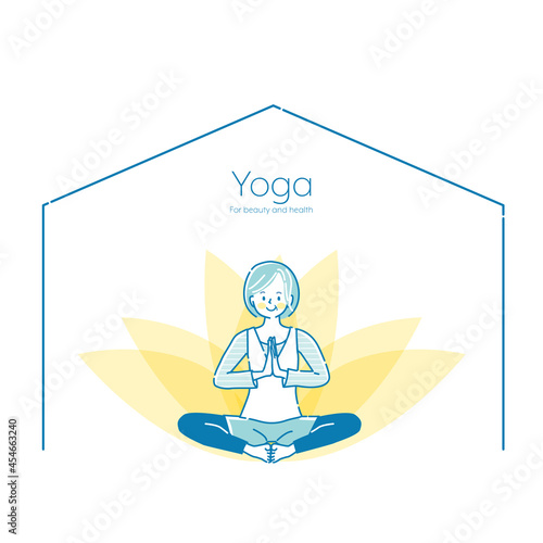 自宅でヨガをしているミドル女性のイラスト