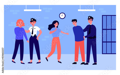 Police officers, man and girls at police station. Flat vector illustration..Law enforcement officials releasing prisoner or arresting guilty or suspect. Law, prison, arrest, crime concept for design