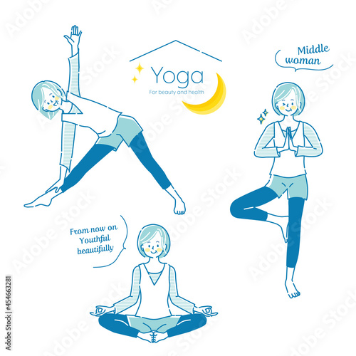 ヨガをしているミドル女性のイラストセット