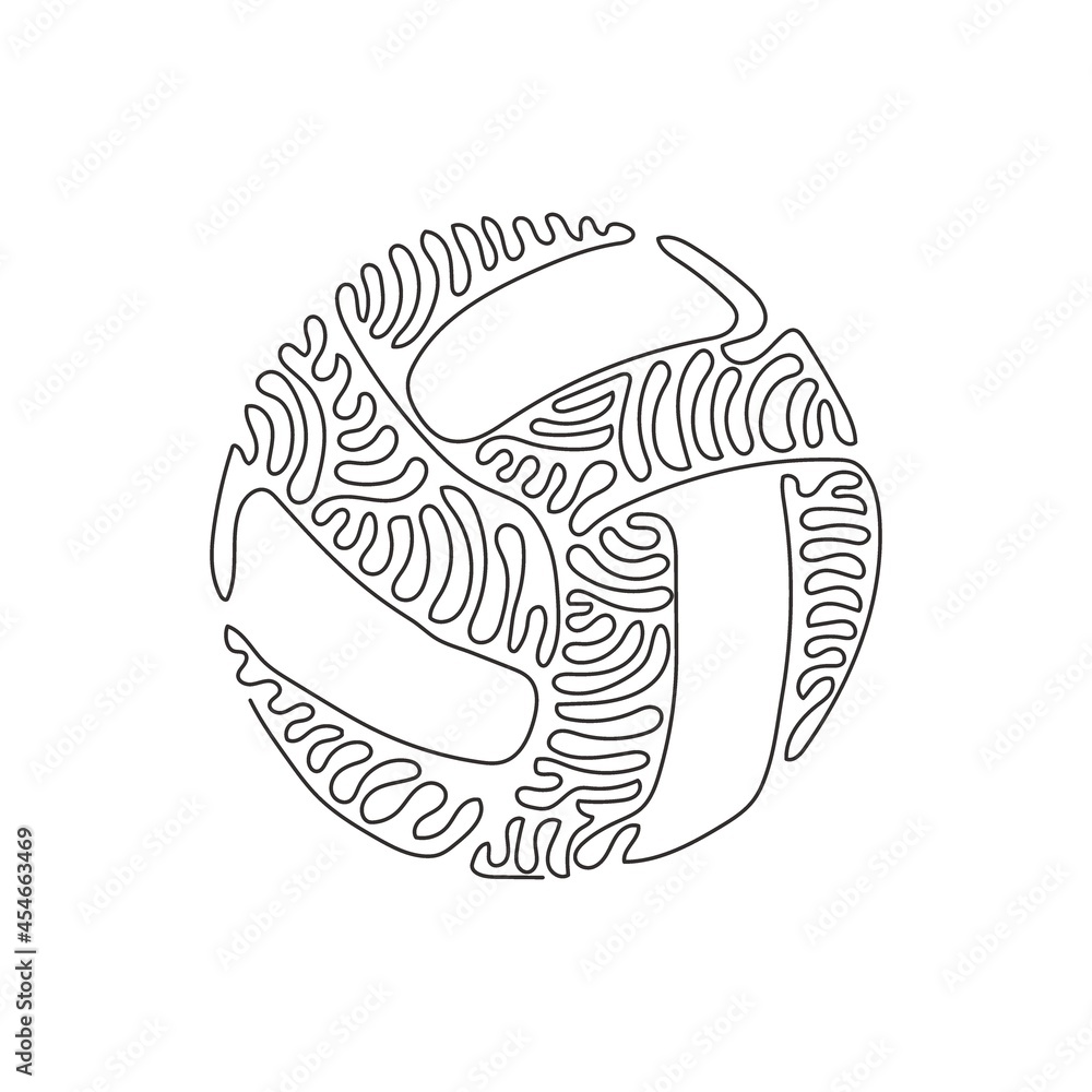 Continuous one line drawing leather volleyball icon or logo. Volleyball ball sports activity play competition tournament. Swirl curl style concept. Single line draw design vector graphic illustration Continuous one line drawing leather volleyball icon or logo. Volleyball ball sports activity play competition tournament. Swirl curl style concept. Single line draw design vector graphic illustration