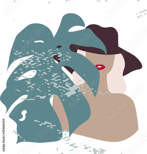 set faces and hair style, fashion concept, woman beauty minimalist, vector illustration of colorful abstract background forest fern eucalyptus