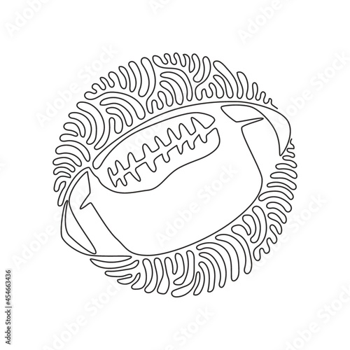Continuous one line drawing leather American football ball. American college high school junior striped football. Swirl curl circle background style. Single line design vector graphic illustration