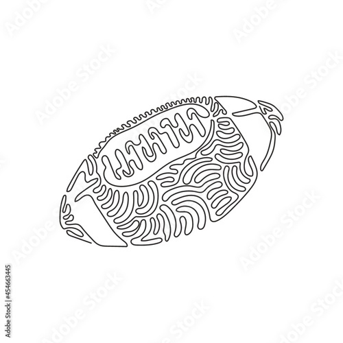 Single one line drawing leather American football ball. American college high school junior striped football. Swirl curl style concept. Modern continuous line draw design graphic vector illustration