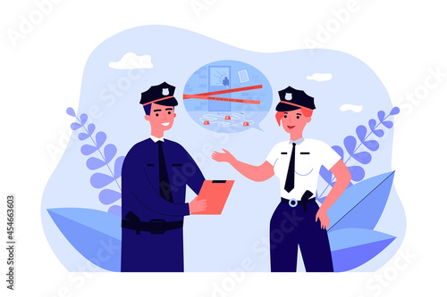 Police officers discussing details of case. Flat vector illustration..Woman and man in uniforms talking about crime scene, evidence, investigating. Police, victim, crime, murder concept for design