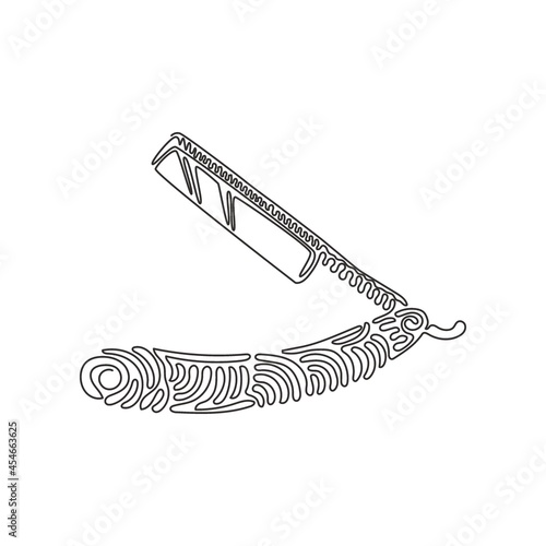 Single continuous line drawing Shaving razor. Realistic illustration of straight razor with handle and wet shave razors for men. Swirl curl style. One line draw graphic design vector illustration