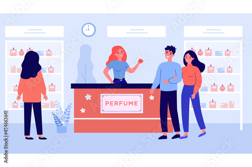 People shopping at perfume store flat vector illustration. Young girl looking at showcase while happy couple talking to saleswoman near counter. Smell, aroma, shopping, fashion, cosmetic concept