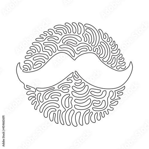 Single continuous line drawing old style mustaches. Adult man moustaches. Mustache vintage facial. Swirl curl circle background style. Dynamic one line draw graphic design vector illustration