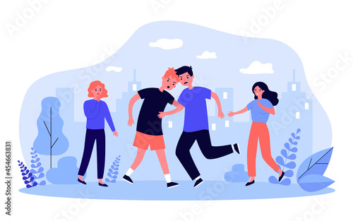 Two boys fighting in front of girls. Flat vector illustration. Children sorting things out, quarrelling, injuring each other in city park. Physical abuse, conflict, childhood, aggression concept