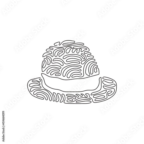 Single one line drawing fedora hat, side view, with tan leather band, indented crown and brims snapped up. Men head accessory. Swirl curl style. Continuous line draw design graphic vector illustration
