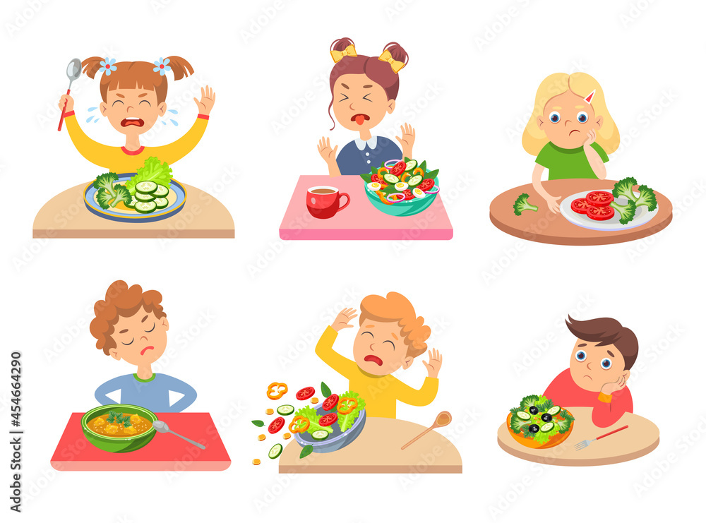 Picky children refusing healthy food. Cartoon vector illustration. Set of  naughty kids rejecting vegetables, crying, dreaming of burgers, sitting at  tables. Food, health, diet, caprice concept Stock Vector | Adobe Stock
