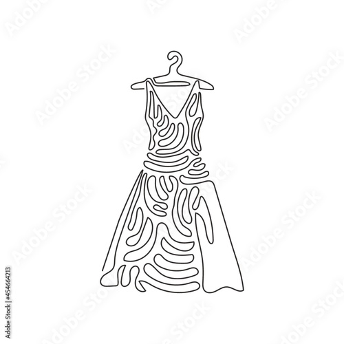 Single continuous line drawing elegant dresses on hanger. Modern, stylish dress. Clothing store icon. Fashion boutique. Swirl curl style. Dynamic one line draw graphic design vector illustration