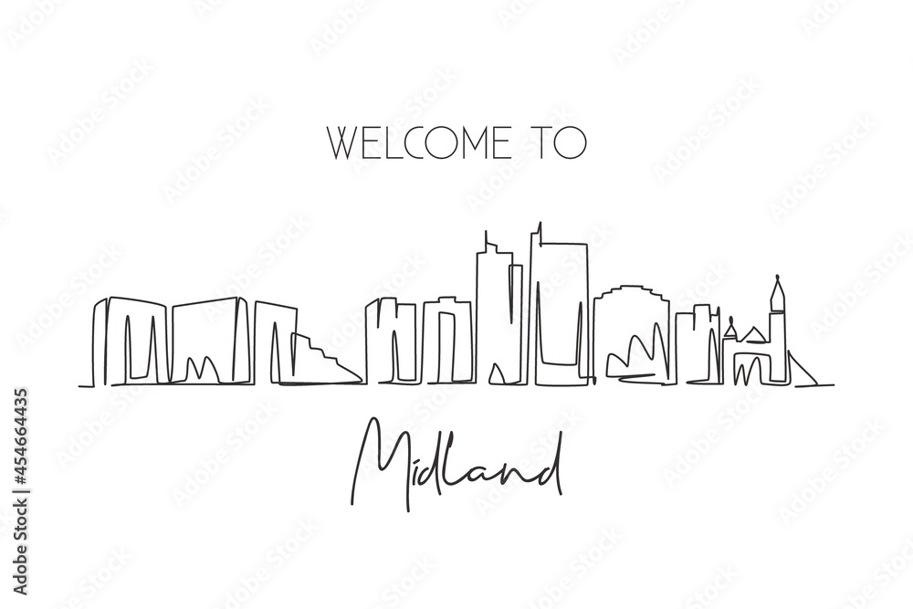 Single one line drawing Midland city skyline, Texas. World historical town landscape. Best holiday destination postcard. Editable stroke trendy continuous line draw graphic design vector illustration