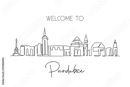Single one line drawing Pardubice city skyline, Czech Republic. World historical town landscape. Best holiday destination postcard print art. Trendy continuous line draw design vector illustration