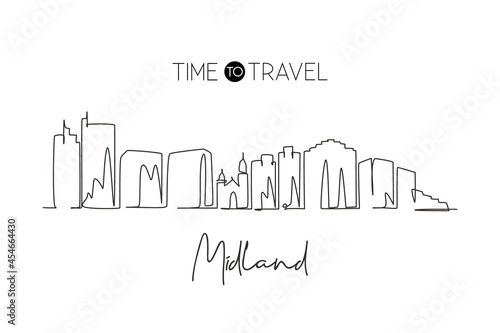 Single continuous line drawing Midland city skyline, Texas. Famous city scraper landscape. Beauty world travel home wall decor art poster print concept. Modern one line draw design vector illustration photo
