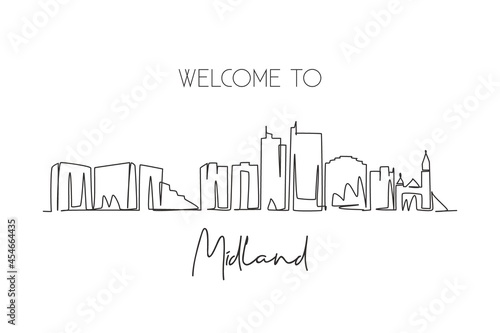 Single one line drawing Midland city skyline, Texas. World historical town landscape. Best holiday destination postcard. Editable stroke trendy continuous line draw graphic design vector illustration photo