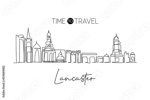 Continuous one line drawing Lancaster city skyline, England. Lancashire beautiful landmark. World landscape tourism travel wall decor poster art. Stylish single line draw design vector illustration