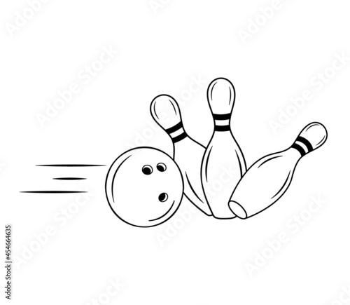 Bowling pins with ball sport icon. Simple outline skittles with ball. Logo game template for Bowling club, tournaments. Vector illustration isolated on white background.