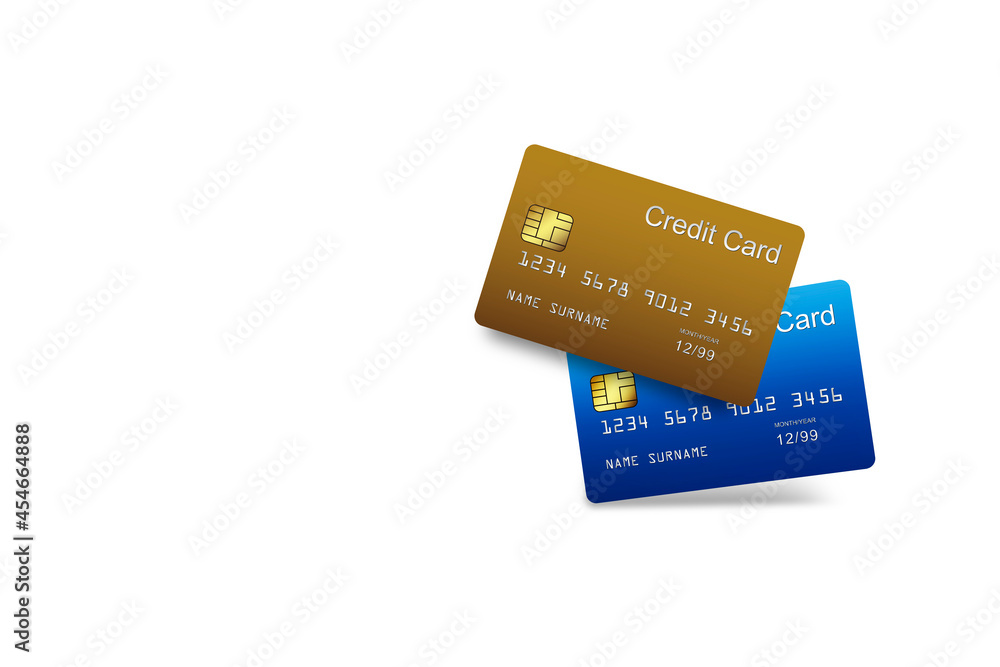 Business credit gold and blue plastic card set finance technology for web design with copy space isolated on white background