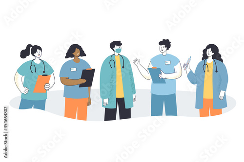 Team of cartoon hospital or clinic staff in masks. Group of male and female doctors in uniform, nurses, medical professionals flat vector illustration. Health, healthcare, medicine, profession concept