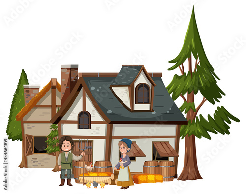 Farmhouse with villagers on white background