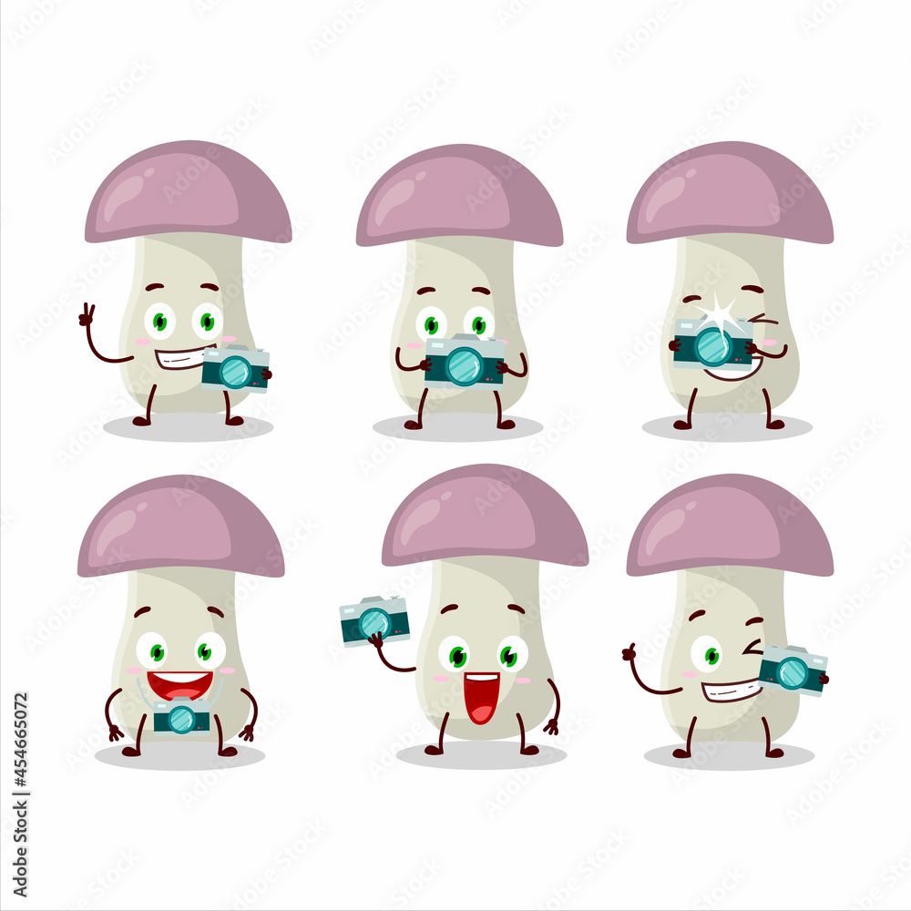 Photographer profession emoticon with rough mushroom cartoon character Photographer profession emoticon with rough mushroom cartoon character