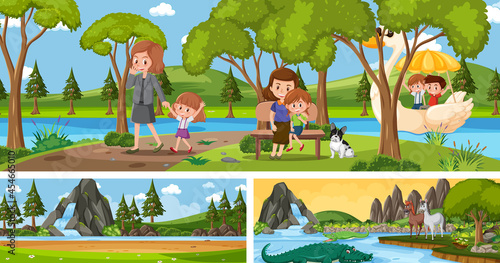 Set of different outdoor panoramic landscape scenes with cartoon character