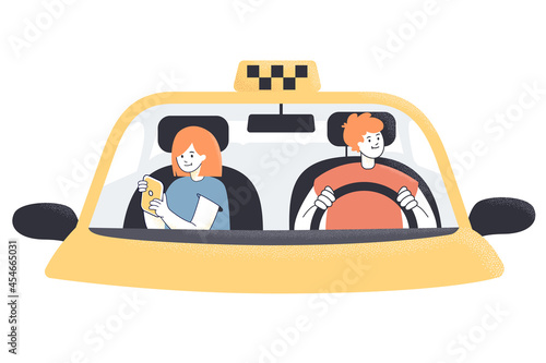 Taxi cab driver and female passenger behind windscreen. Male cartoon character driving female to work, man and woman sitting in car flat vector illustration. Taxi service, transportation concept