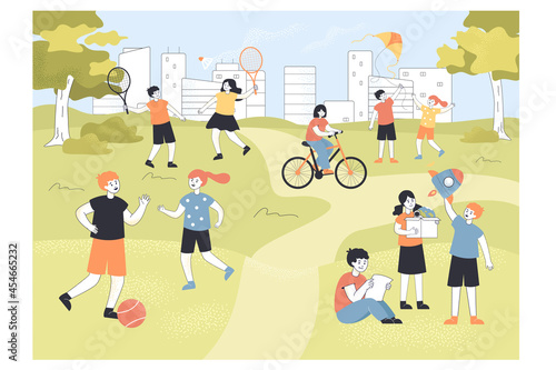 Cute little children spending time in park or summer camp. Kids playing football and badminton on playground flat vector illustration. Childhood, outdoor activity concept for banner, website design