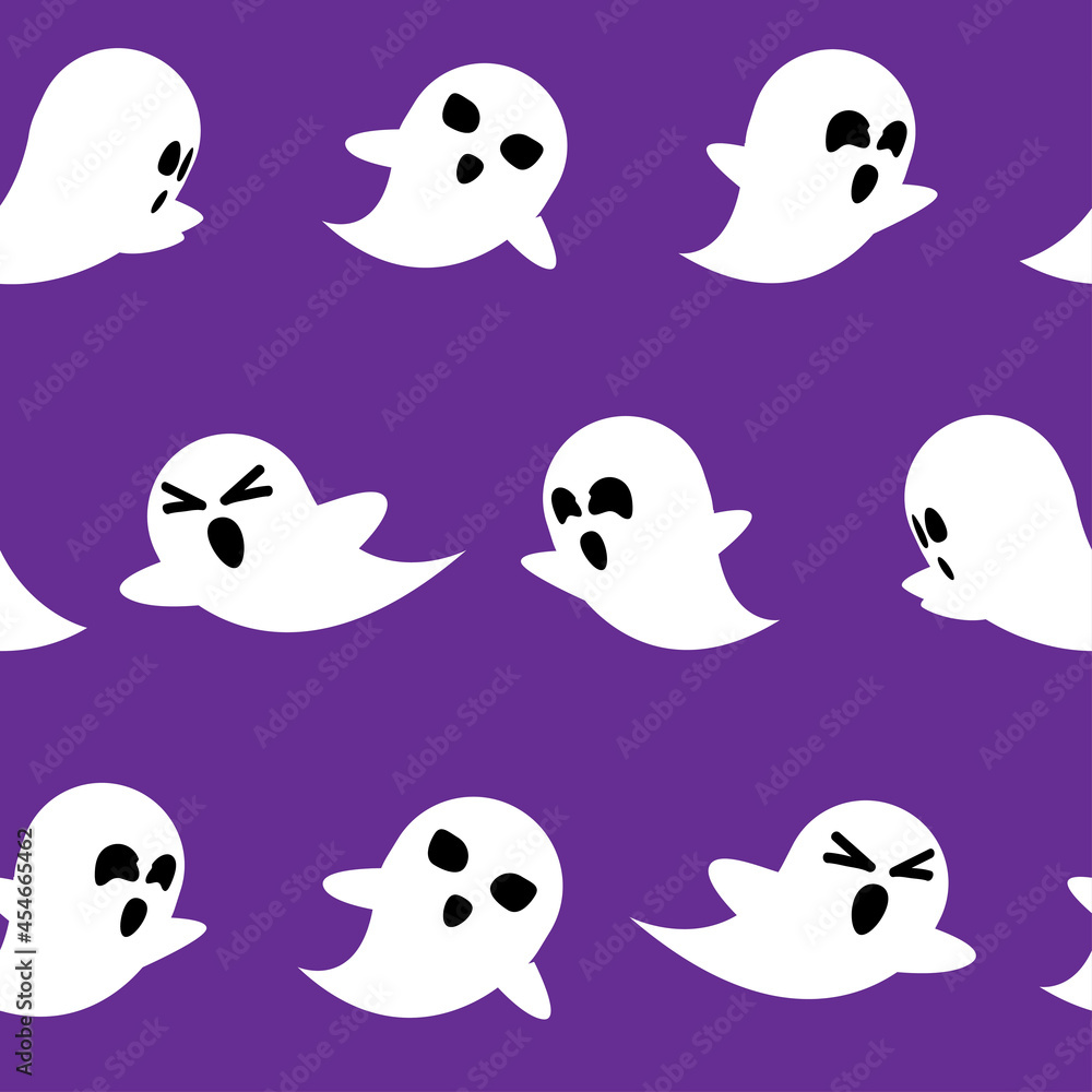 Seamless Halloween Ghost on Purple Background. Spooky White Ghost Fly cute evil horror silhouette for scary October holiday design
Seamless Halloween Ghost on Purple Background. Spooky White Ghost Fly cute evil horror silhouette for scary October holiday design