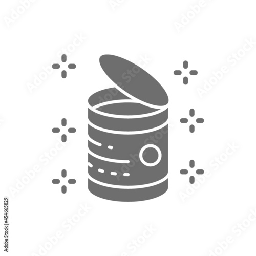 Opened can, food tins grey icon. Isolated on white background
