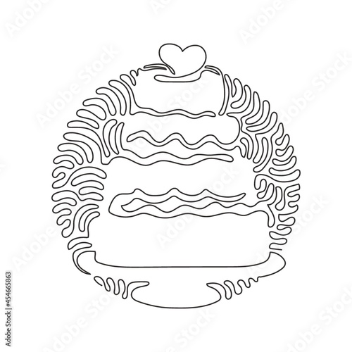 Single continuous line drawing wedding cake with love shape on top. Sweet cake for celebrate marriage party. Swirl curl circle background style. One line draw graphic design vector illustration