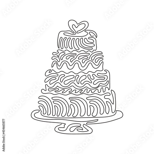 Continuous one line drawing wedding cake with love shape on top. Sweet cake for celebrate marriage. Tasty dessert wedding party. Swirl curl style. Single line draw design vector graphic illustration
