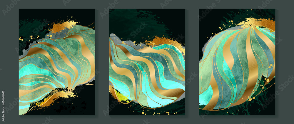 Green and emerald gold background design vector. Geometric arts and watercolor texture for prints, wall arts and home decoration.