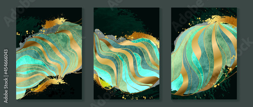 Green and emerald gold background design vector. Geometric arts and watercolor texture for prints, wall arts and home decoration.