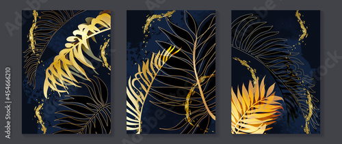 Luxury gold wallpaper. Black and golden abstract background. Tropical leaves wall art design with dark blue and green color, shiny golden light texture. Modern art mural wallpaper.