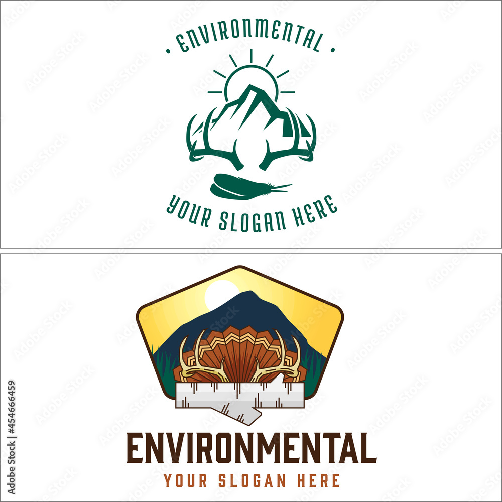 Environmental hunter climbing mountain deer horn logo design