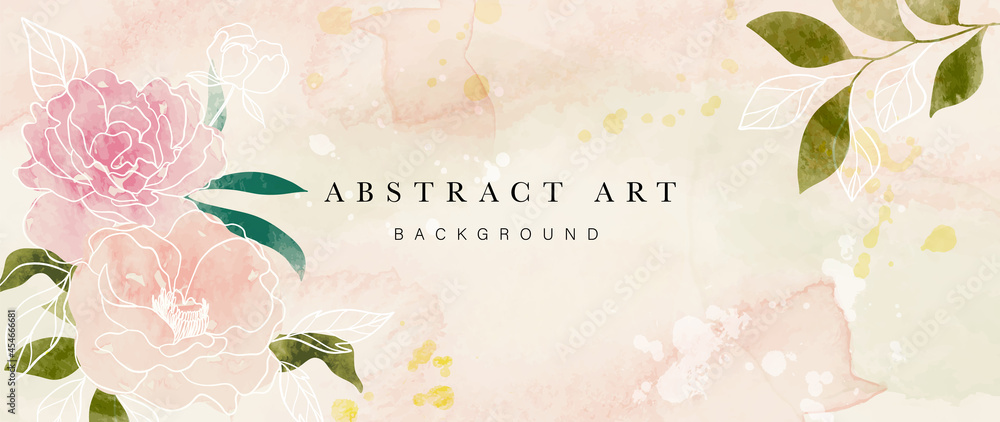 Autumn flower watercolor art background vector. Wallpaper design with floral paint brush line art. leaves and flowers nature design for cover, wall art, invitation, fabric, poster, canvas print.