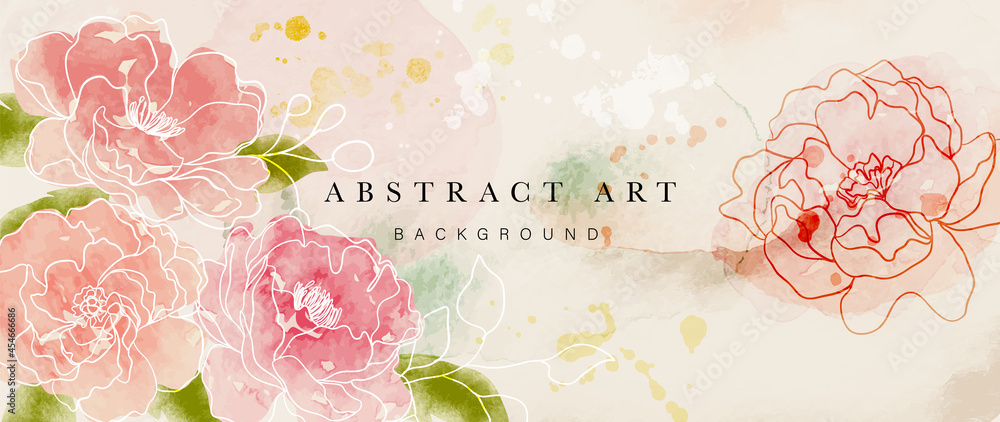 Autumn flower watercolor art background vector. Wallpaper design with floral paint brush line art. leaves and flowers nature design for cover, wall art, invitation, fabric, poster, canvas print. - obrazy, fototapety, plakaty 