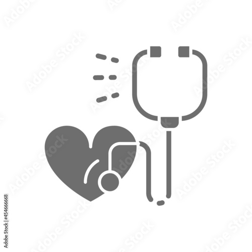 Stethoscope with heart, heartbeat, healthcare grey icon.