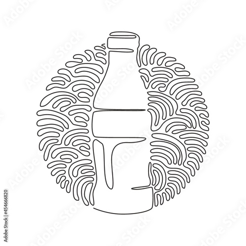Single one line drawing soft drink in bottle glass. Cold soda for refreshing feeling. Drink to quench thirst. Swirl curl circle background style. Continuous line design graphic vector illustration